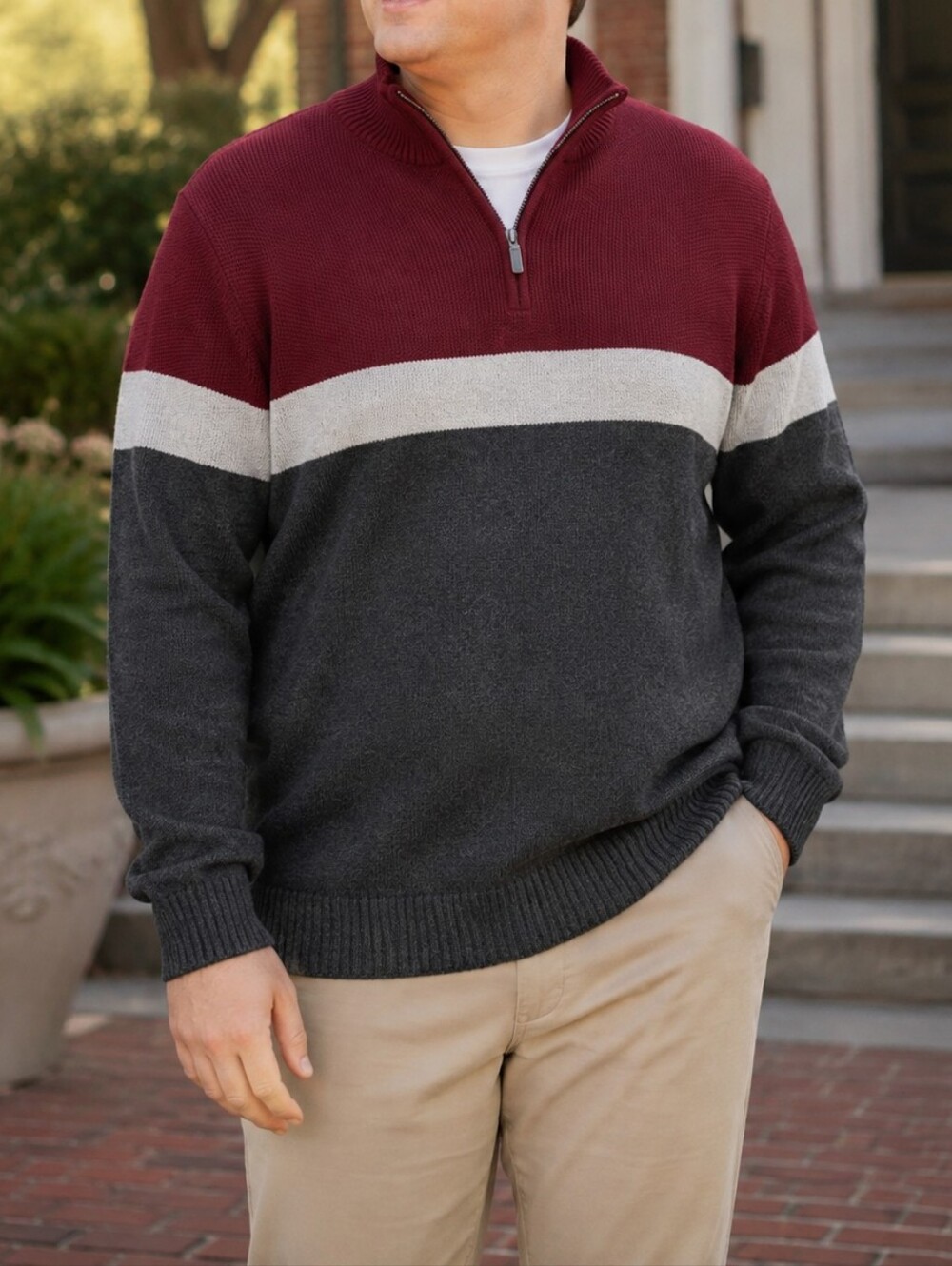 NWT Denver Hayes Men’s 100% Cotton Burgundy Colorblock Quarter Zip Sweater